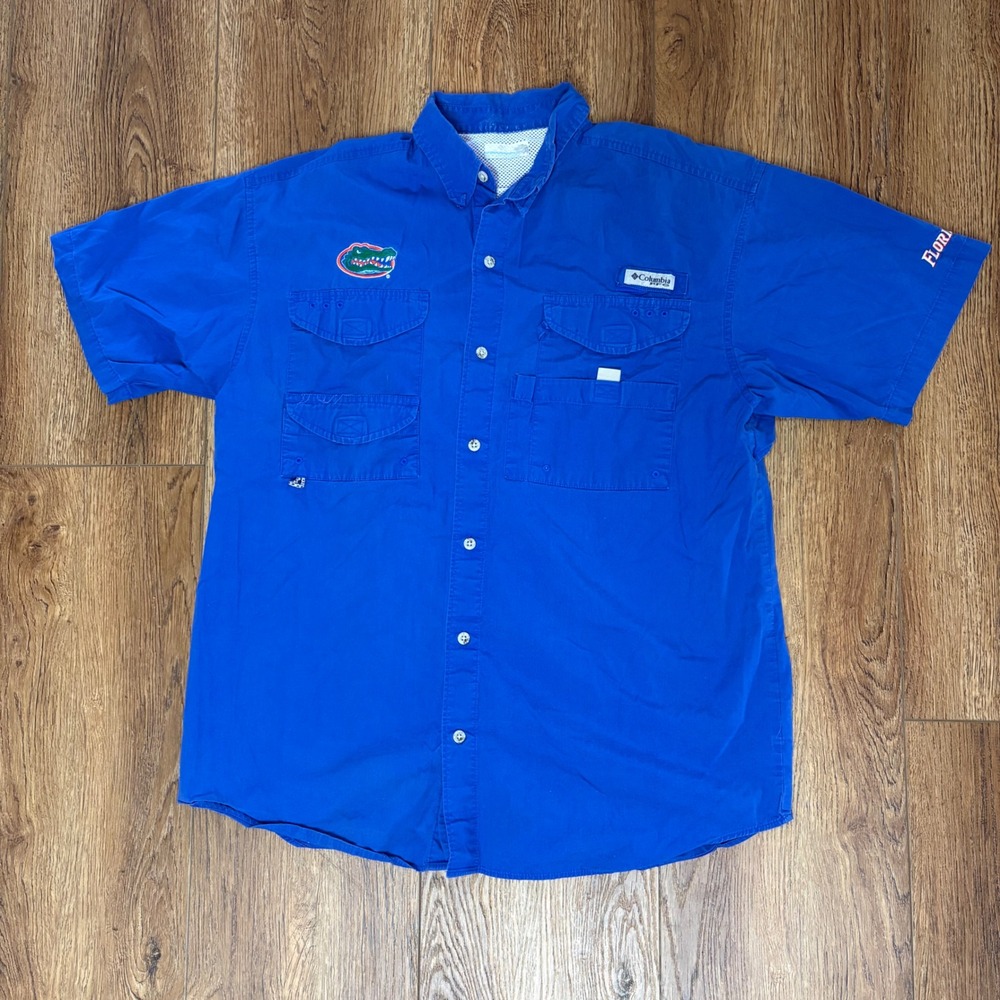 Columbia PFG Florida Gators Fishing Shirt Men's Medium Blue Vented Short Sleeve